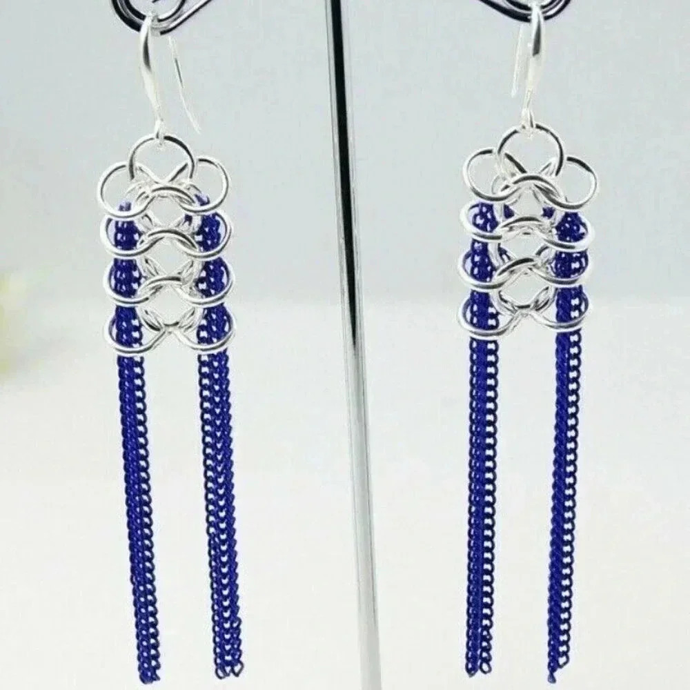 Long Shoulder Duster Metal Chain Earrings Silver Cobalt Blue